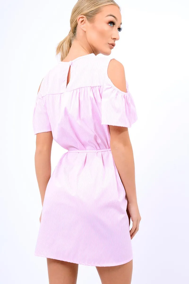 Pink Striped Cold Shoulder Embroidered Shirt Dress - Isadora