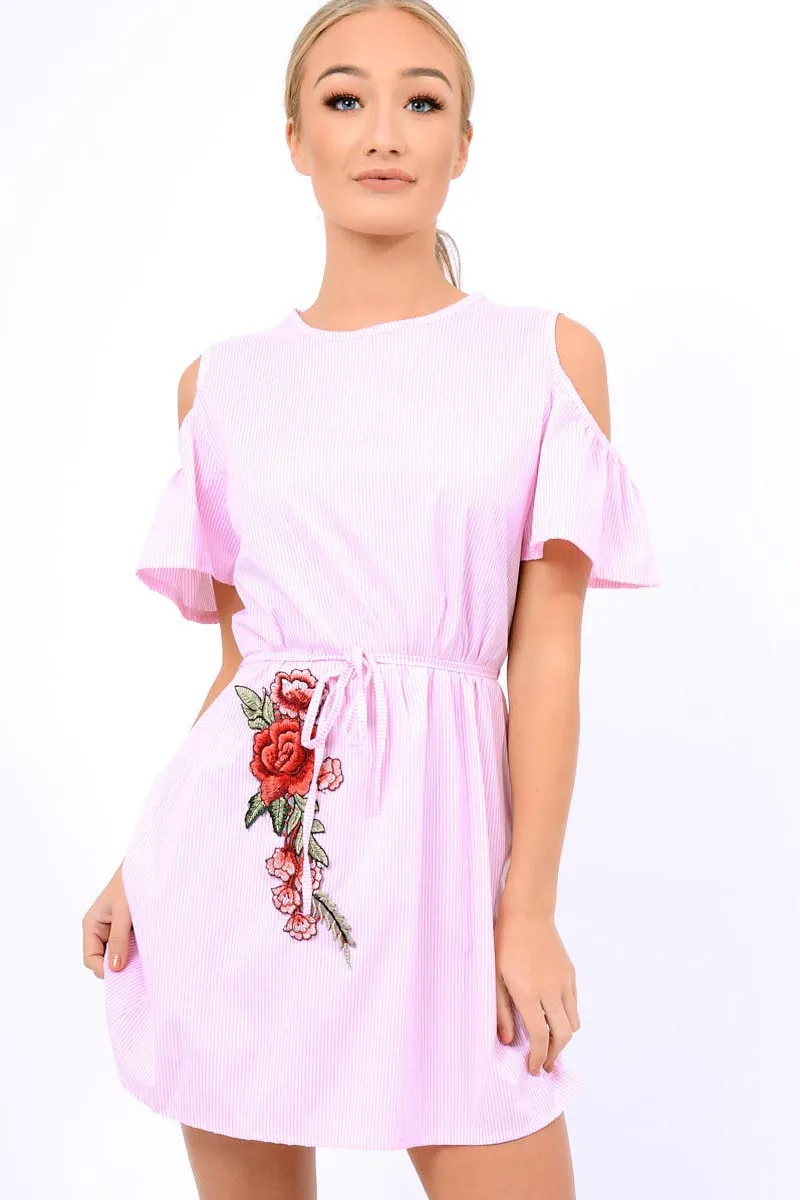 Pink Striped Cold Shoulder Embroidered Shirt Dress - Isadora