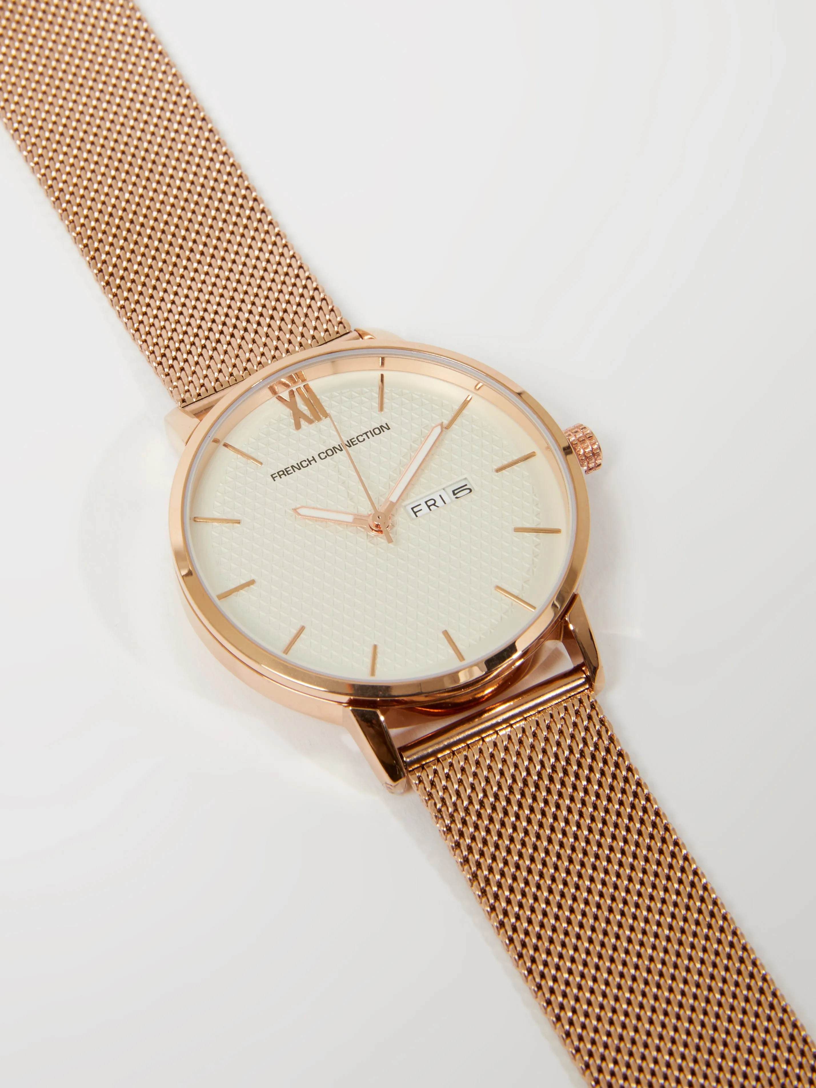 Rose Gold Tone Mesh Bracelet Watch with White Dial