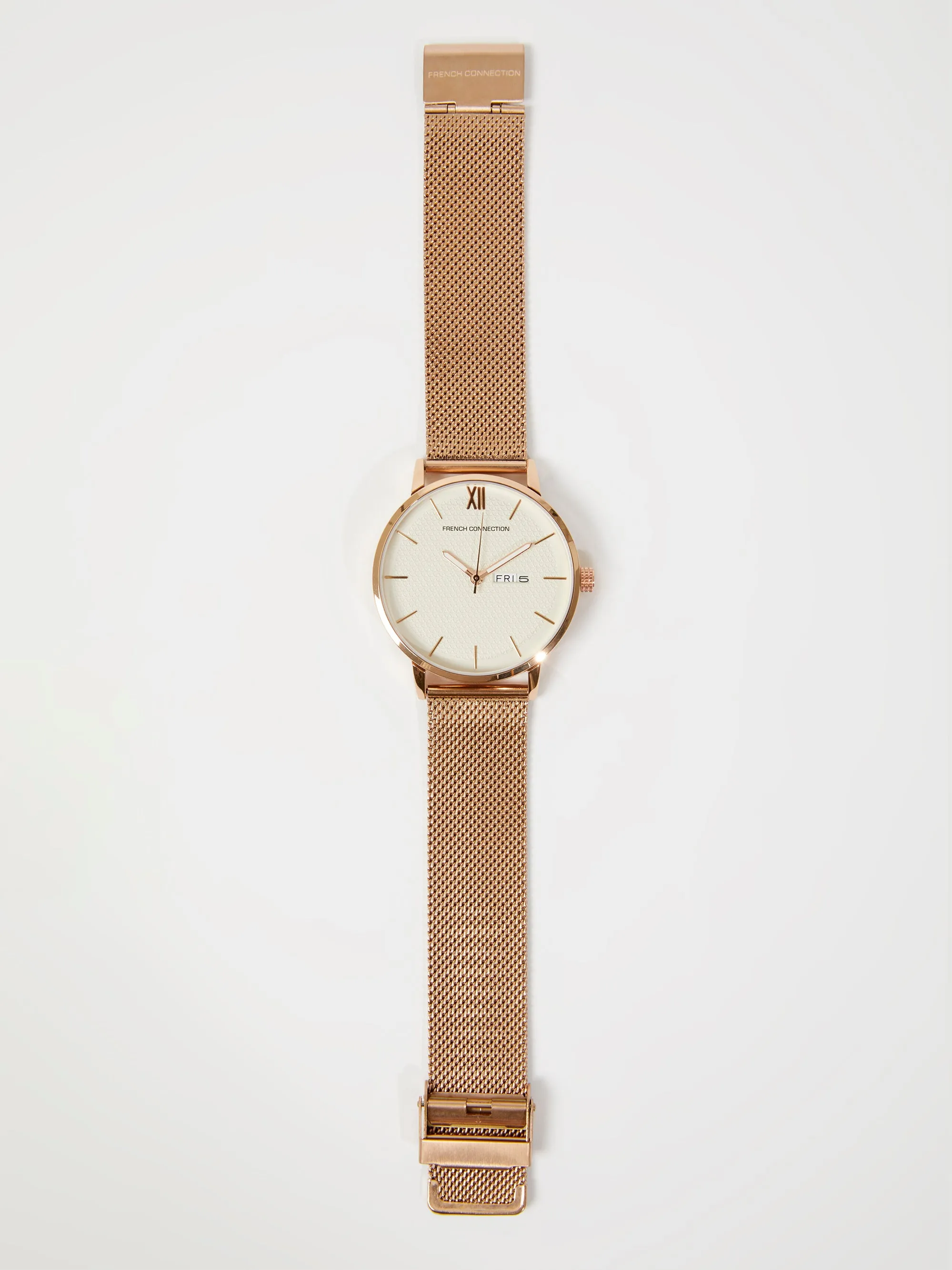 Rose Gold Tone Mesh Bracelet Watch with White Dial