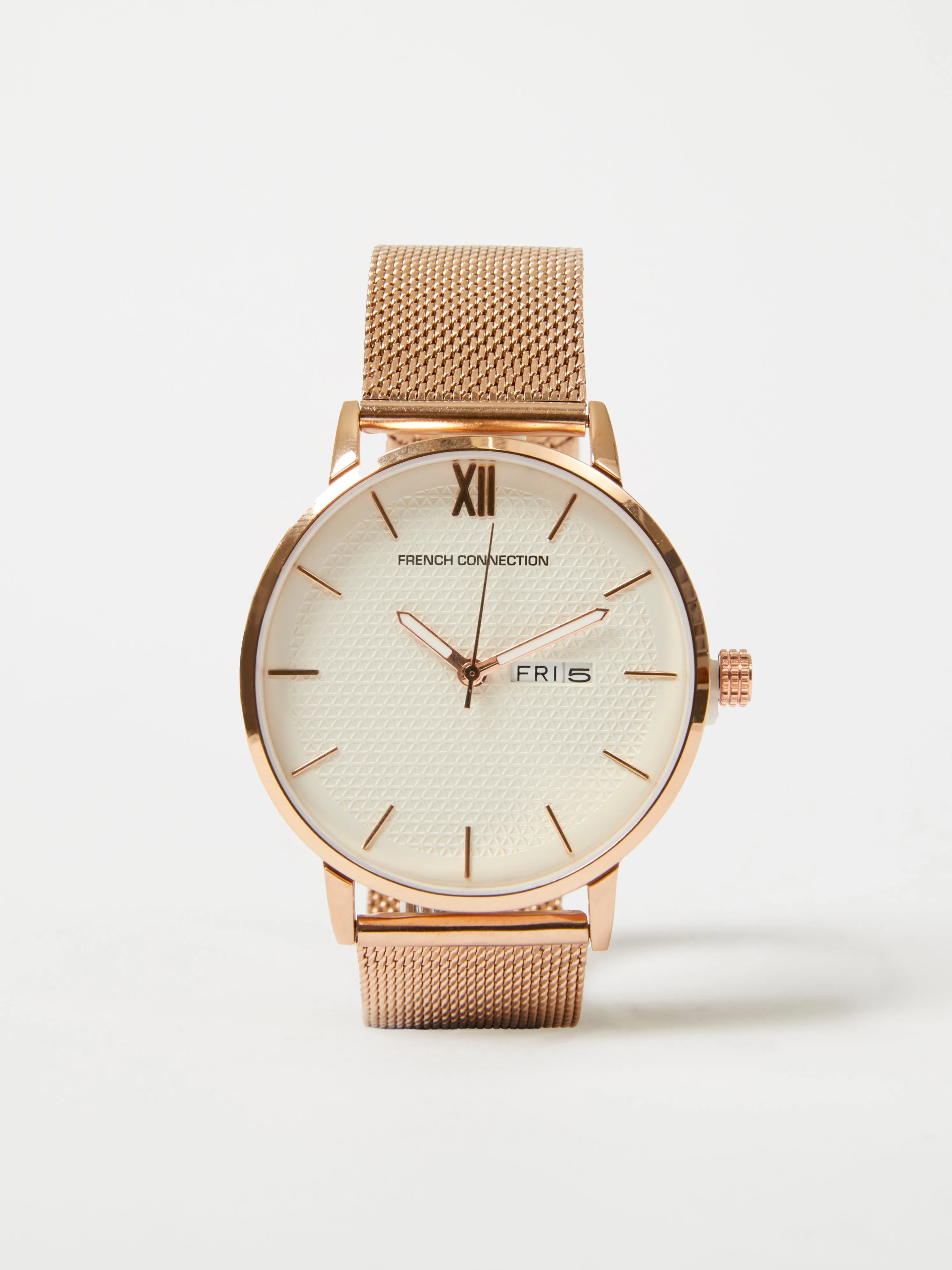 Rose Gold Tone Mesh Bracelet Watch with White Dial