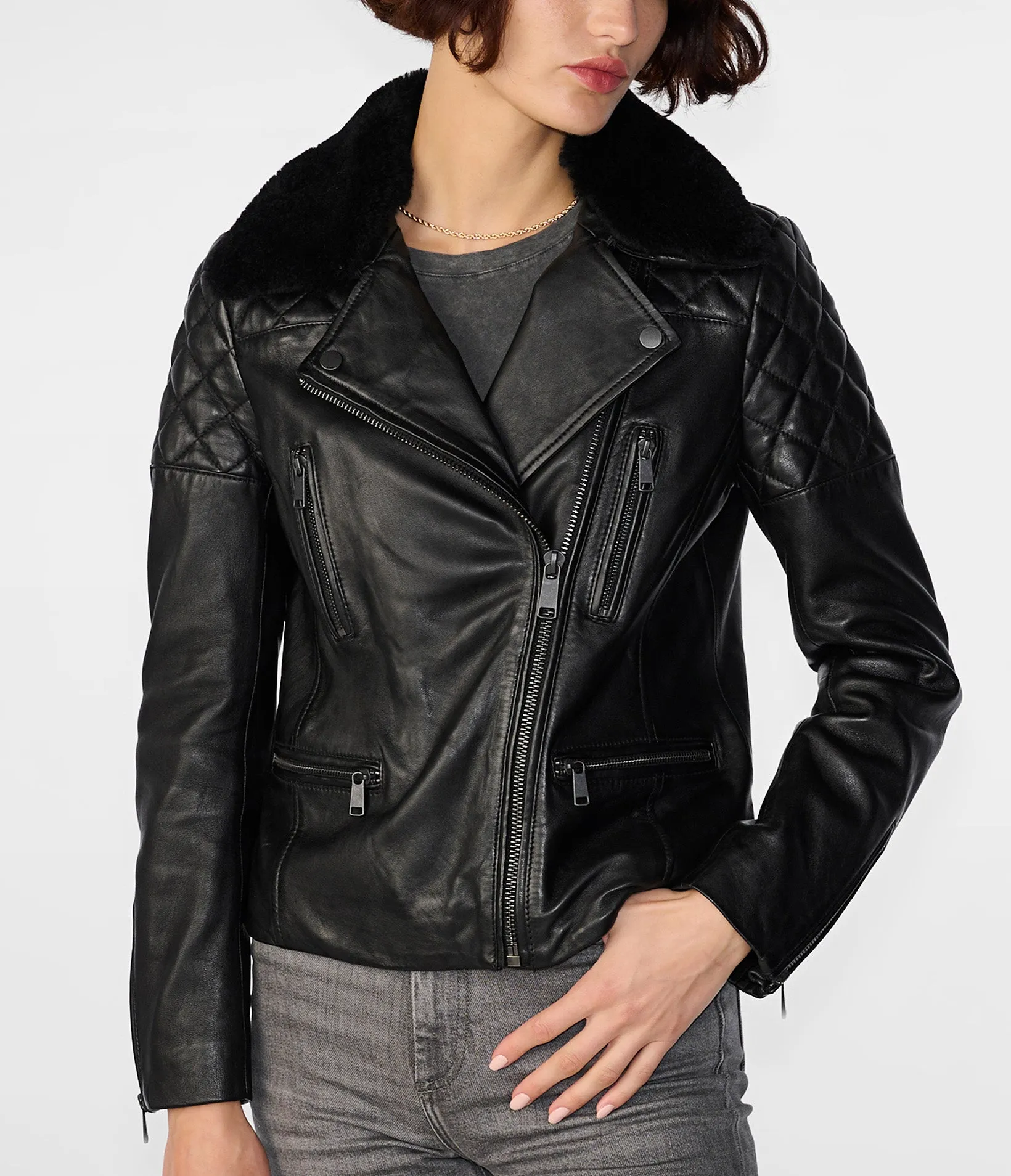 Rose Moto Jacket With Removeable Shearling Collar