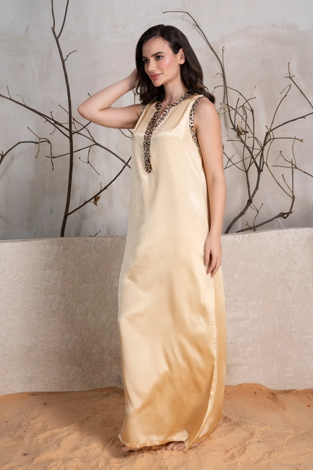 Sleeveless Satin nighty in gold