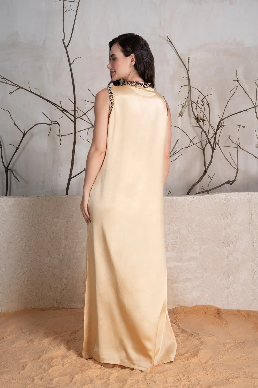 Sleeveless Satin nighty in gold