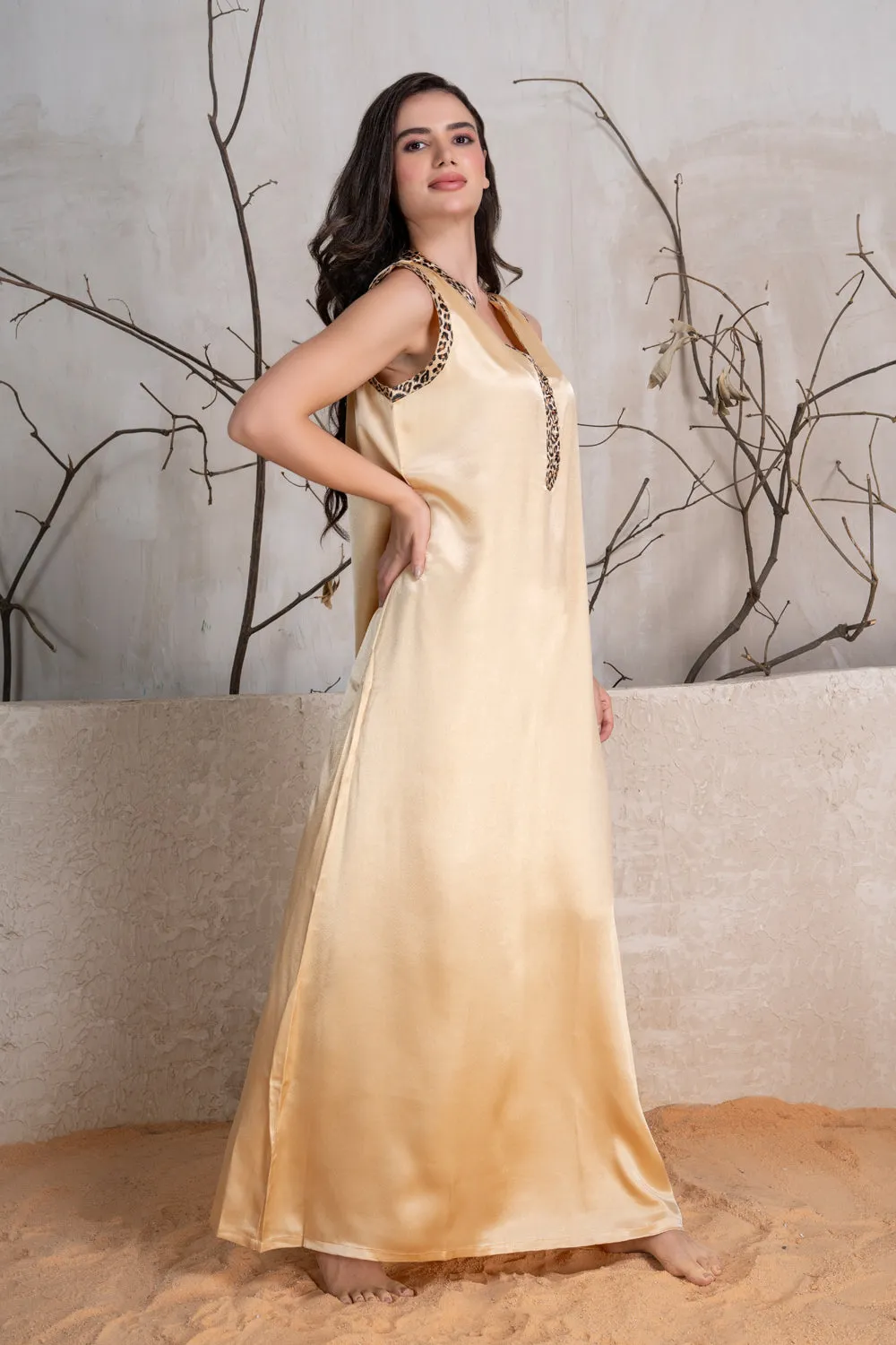 Sleeveless Satin nighty in gold