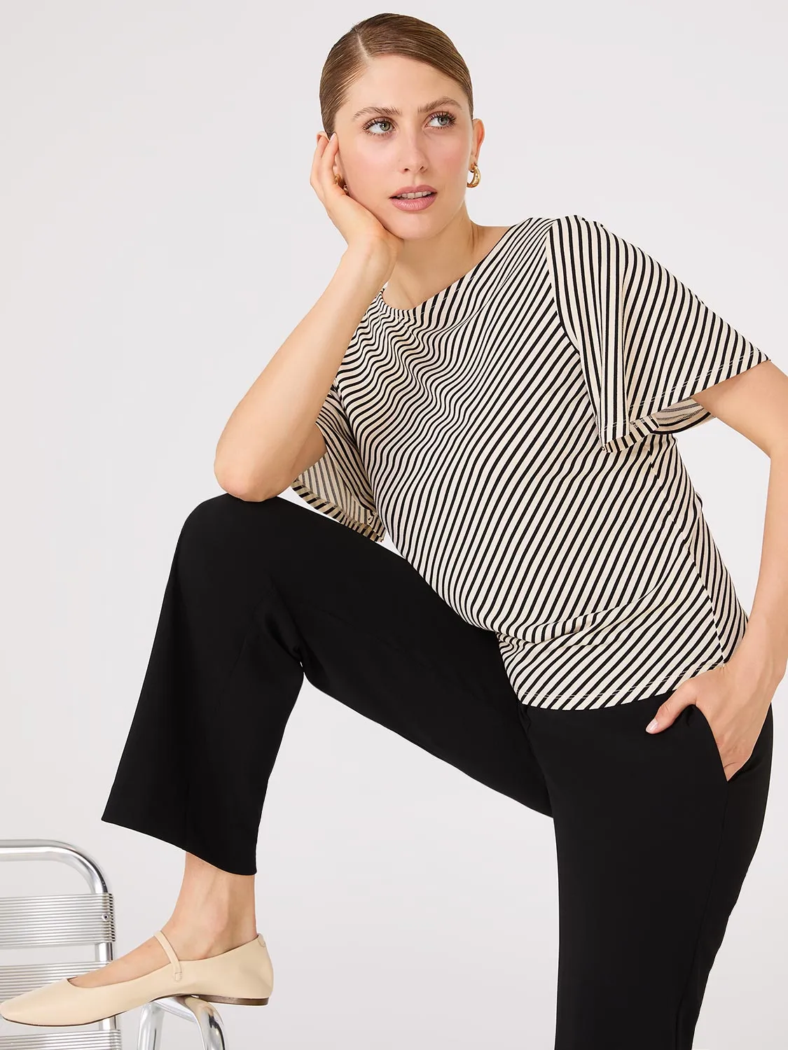 Striped Flutter Sleeve Boat Neck Top