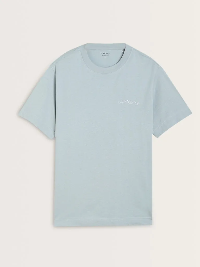 Studiofit Light Blue Typographic Relaxed-Fit Cotton T-Shirt