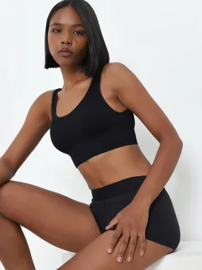 Superstar Black Ribbed Textured Sports Bra