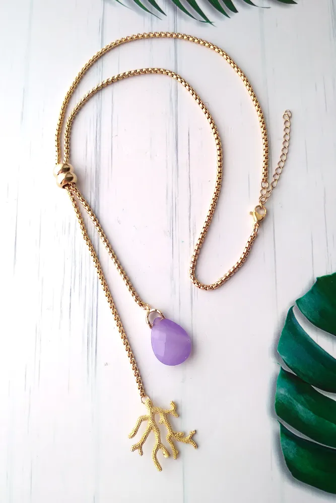 Teardrop Lavender Jade with Branch Coral Slider Necklace