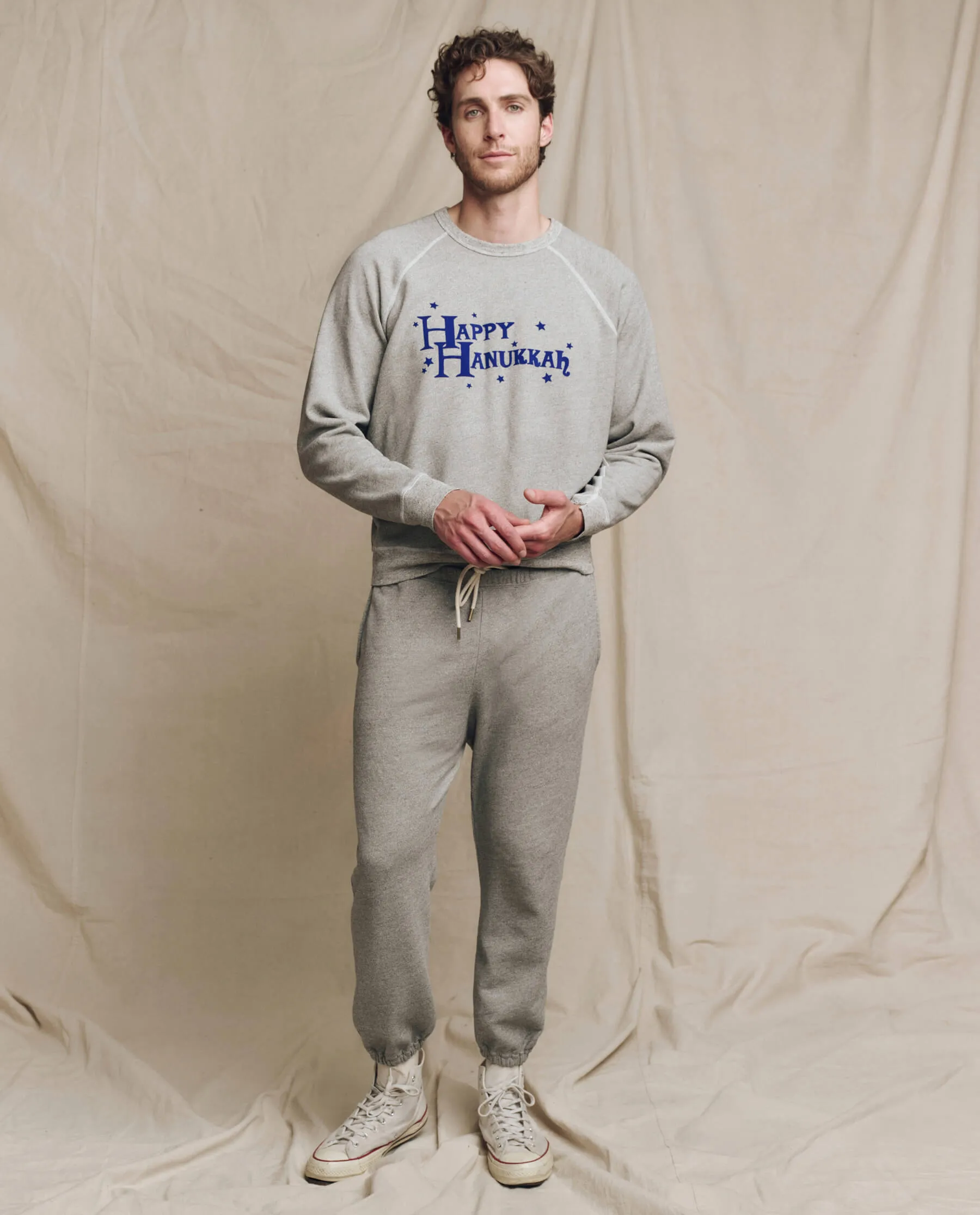 The Men’s College Sweatshirt. Graphic -- Varsity Grey with Hannukah Graphic