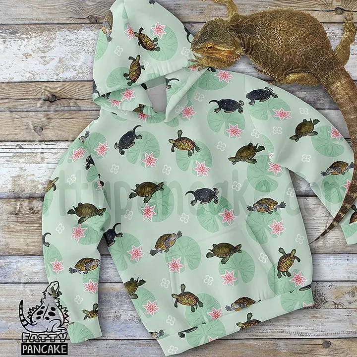 Turtle with Lilly Pads Kids Hoodie, Cute Reptile Gift Pullover