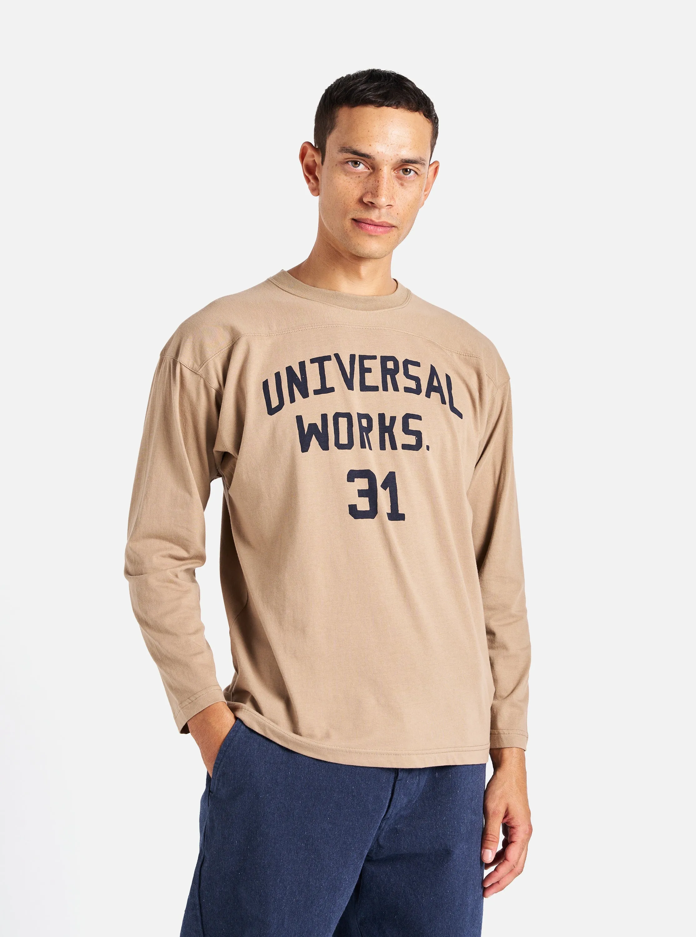 Universal Works Football T Shirt in Sand Single Jersey UW31