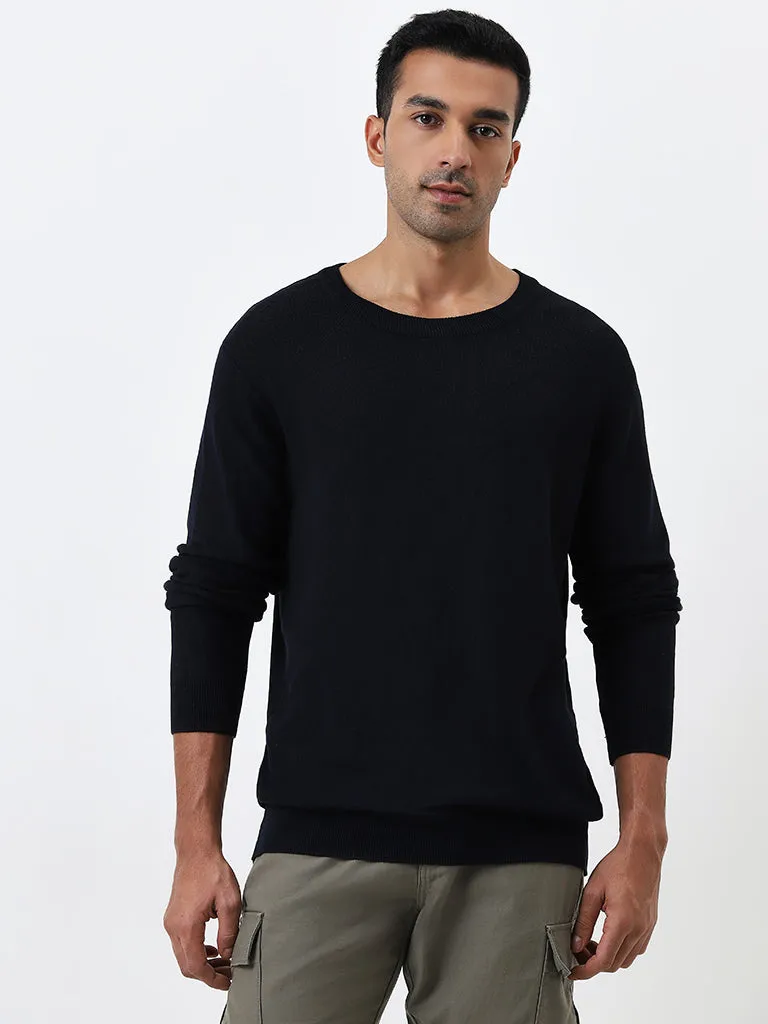 WES Formals Navy Knit-Textured Slim-Fit Sweater