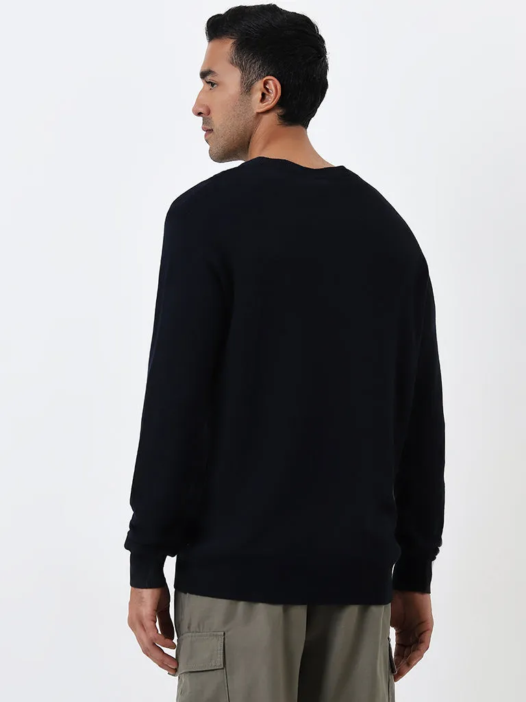 WES Formals Navy Knit-Textured Slim-Fit Sweater