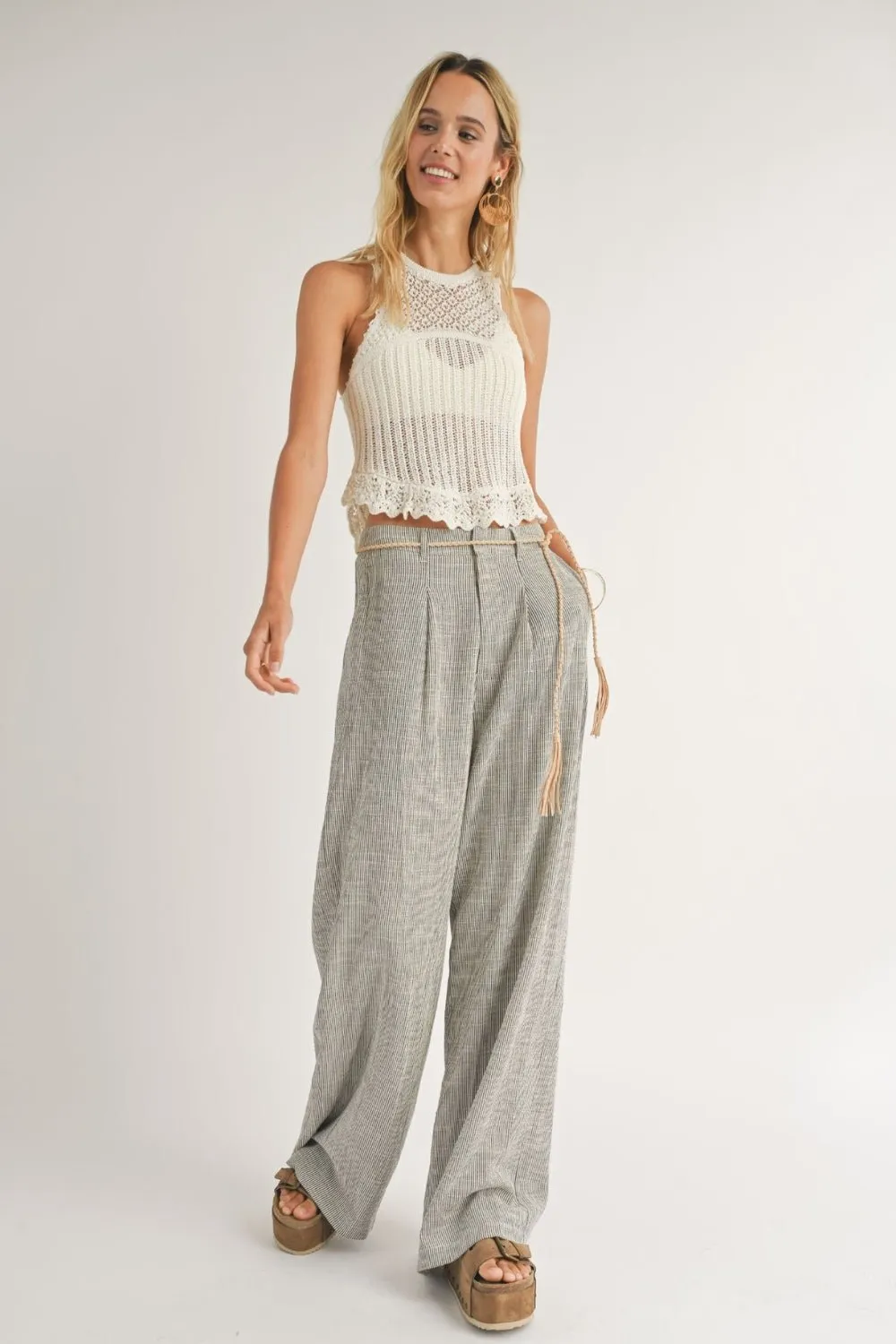 Women's Hamptons Striped Pleated Wide Leg Trousers | Black Multi