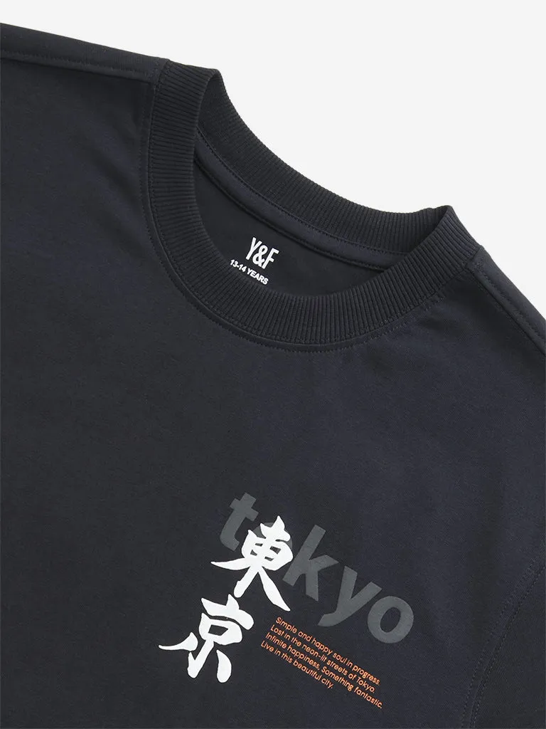 Y&F Kids Black Japanese Text Design Cotton T-Shirt